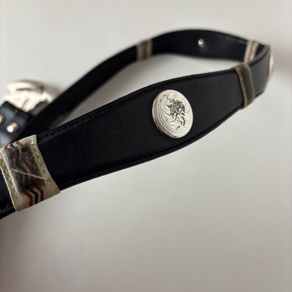 Nocona Western Leather Conchos Black w Silver Horse Buckle Belt Sz 44 - Picture 6 of 11